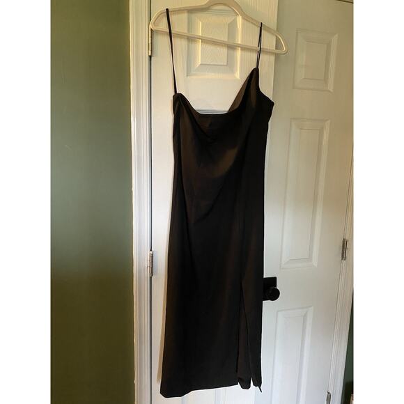 Anthropologie BHLDN‎ Dress ONE SHOULDER Sz 12 Black Slit Cutout Back Midi NEW - Picture 2 of 16